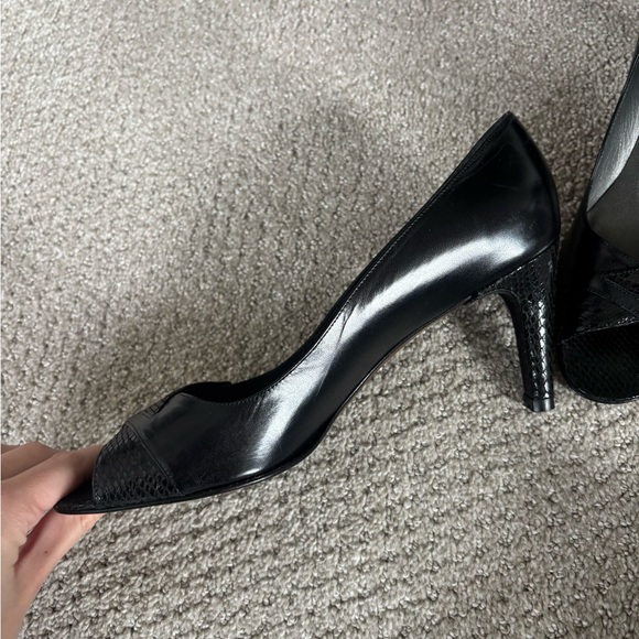 Stuart Weitzman Black Snakeskin Peep Toe Heels